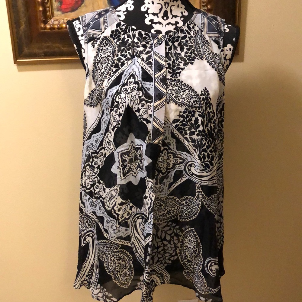 Hale Bob sleeveless semi sheer paisley silk front part button down blouse